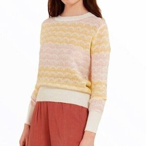 FRNCH Linette White Pink Yellow White Wavy Scalloped Striped Sweater Top S